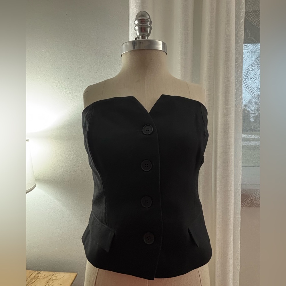 Sincerely Jules Black Strapless Button Front Top, Smocked Back, L, NWT